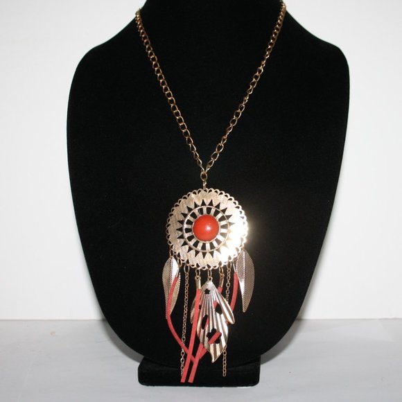 Boho style red and gold necklace 30"